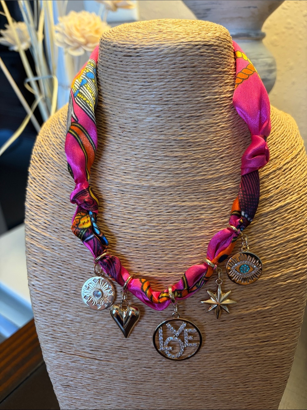 Anna & Ava Fuchsia Multi-Charm Scarf Necklace with Gold-Tone Accents